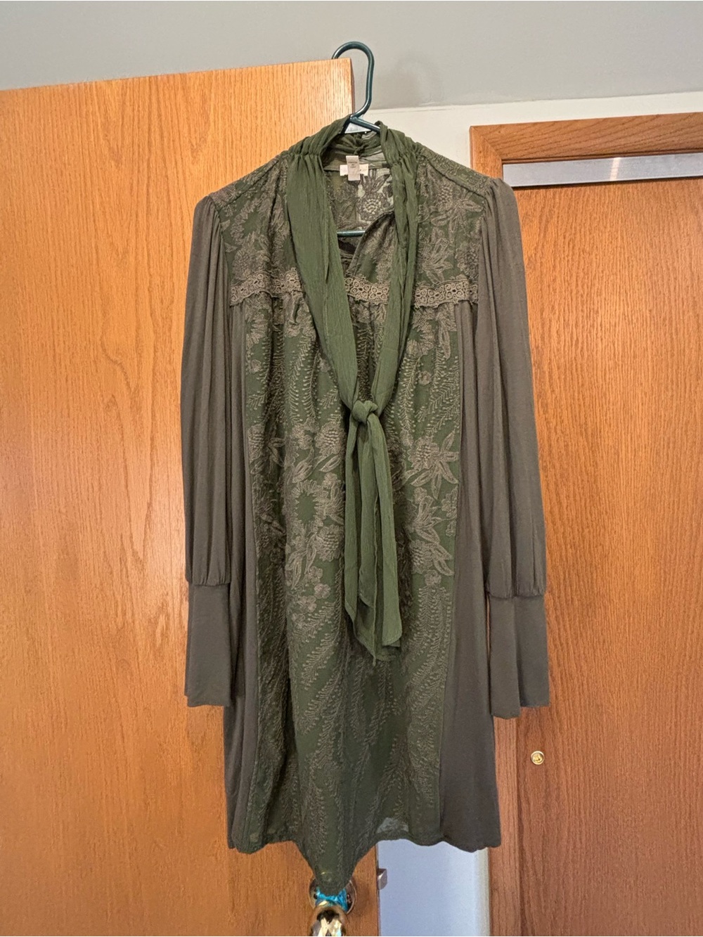 Olive Green Lace-Detail Tie-Neck Dress